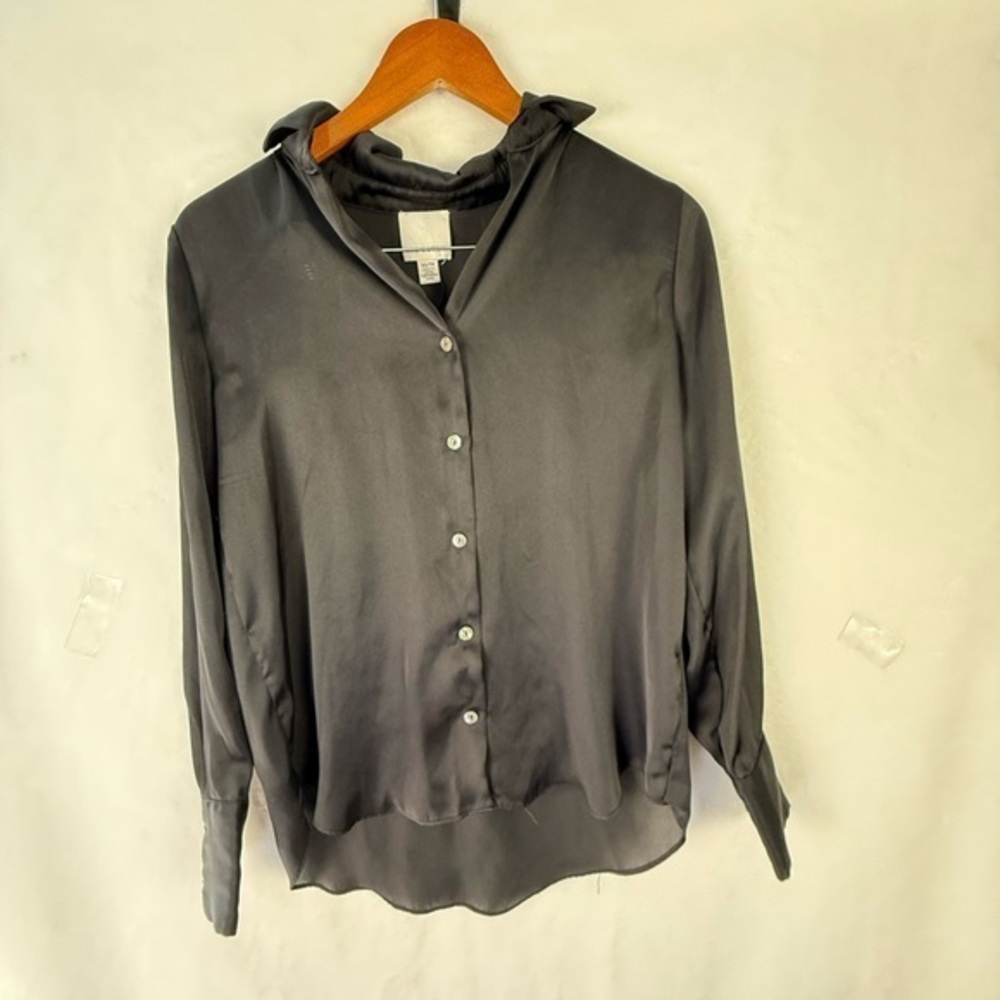 &M Industry Charcoal Gray Satin Button Down Blouse Long Sleeve XS Silky